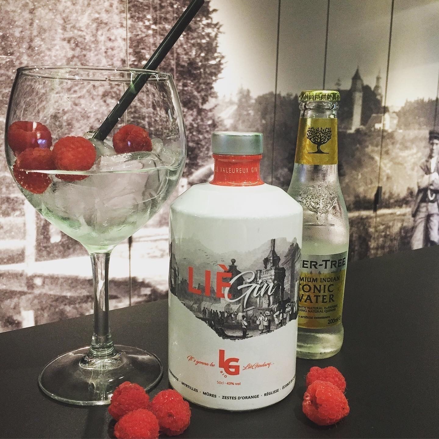 A glass of Liqueur Gin with raspberries, a bottle of Liqueur Gin, and a bottle of Indian Ocean Water.