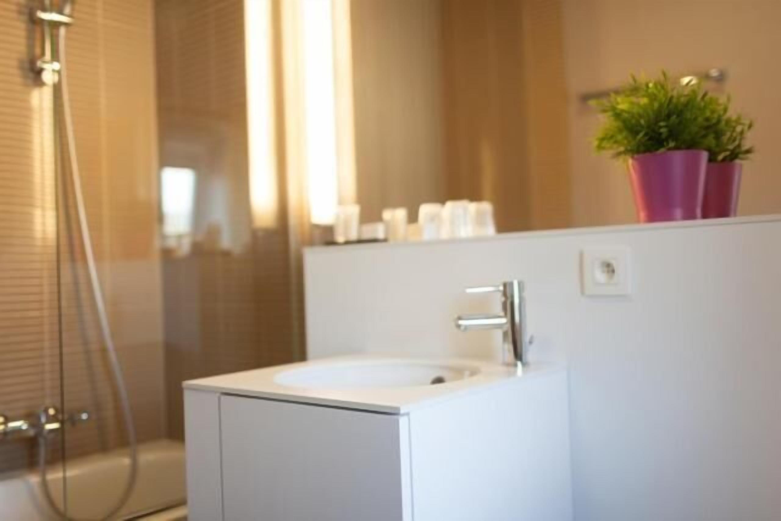 Ein modernes Badezimmer mit einem weißen Waschbecken, einer Duschkabine aus Glas und einer Topfpflanze an der Wand.