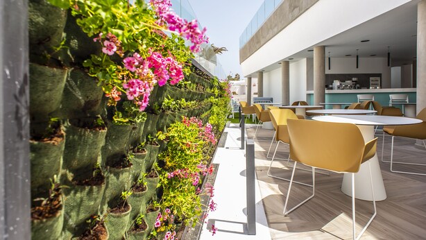 Un espacio al aire libre moderno con jardín vertical, una mesa de comedor y sillas.