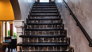 A staircase with stone steps leading to a door.