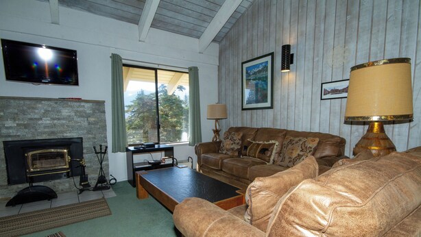 Una sala de estar con chimenea, televisor, sofá, mesa de centro y lámpara.