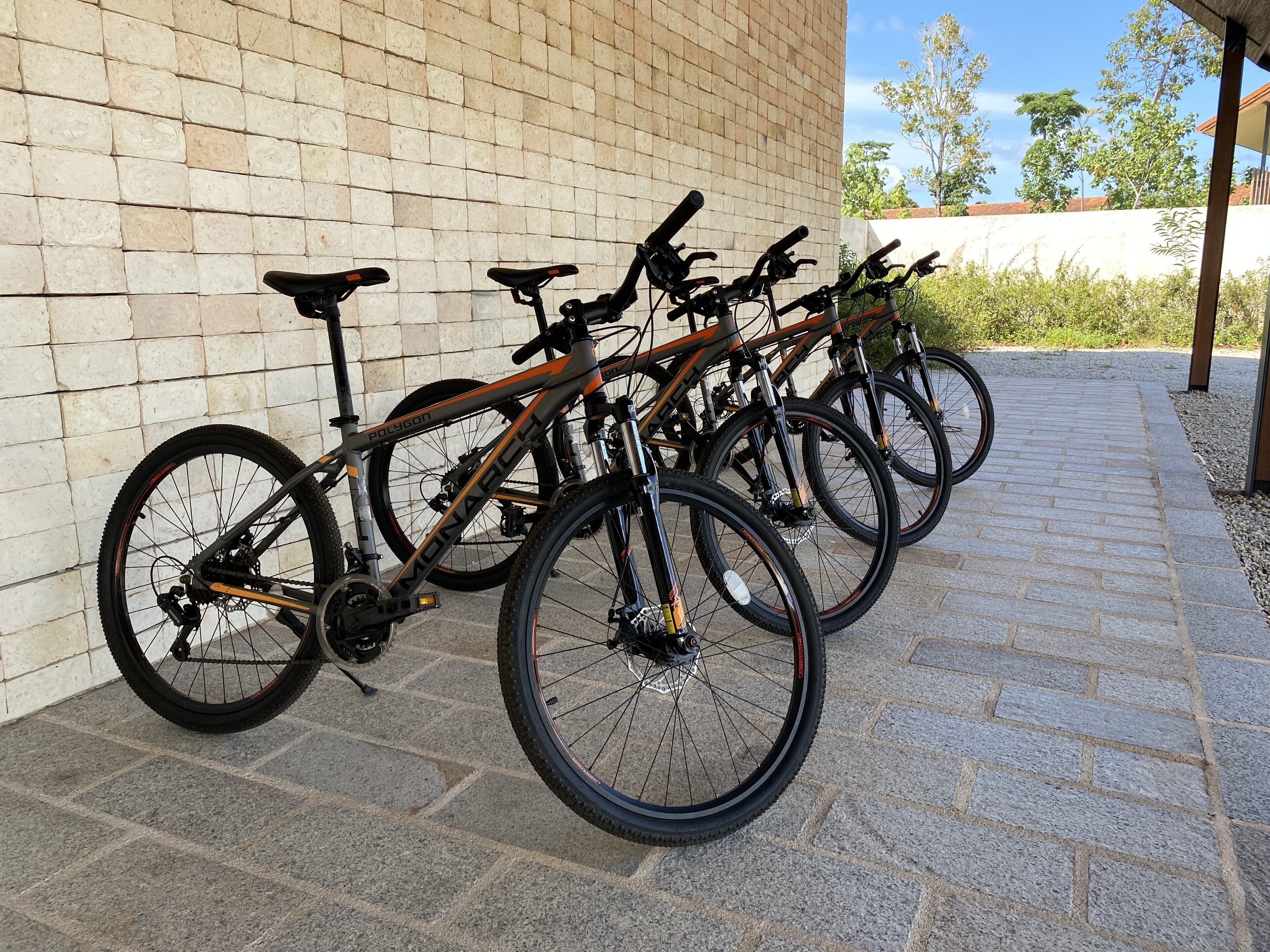 A row of bicycles parked against a brick wall.