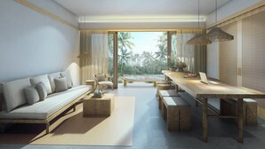 A modern living room with a sofa, dining table, and chairs, large windows with a view of palm trees. - Sheraton Belitung Resort (Tanjung Pandan)