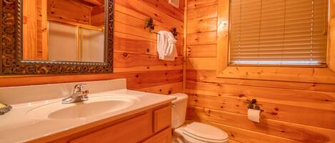 Ein Badezimmer einer Holzhütte mit einem Holzanrichte, Waschbecken und Toilette.