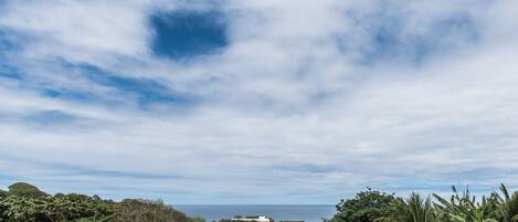A lush landscape with dense tropical vegetation, a white building, and a view of the ocean under a partly cloudy sky.