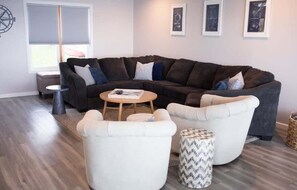 TV, fireplace, video games, foosball