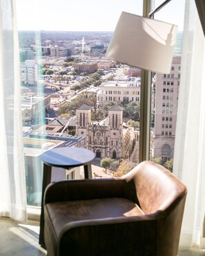 A modern room with a view of a cityscape, including a church and buildings. - Canopy San Antonio Riverwalk   (San Antonio)