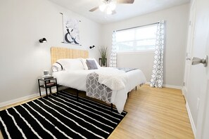 1 bedroom, desk, iron/ironing board, travel crib