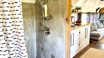 Hair dryer, towels, soap, shampoo