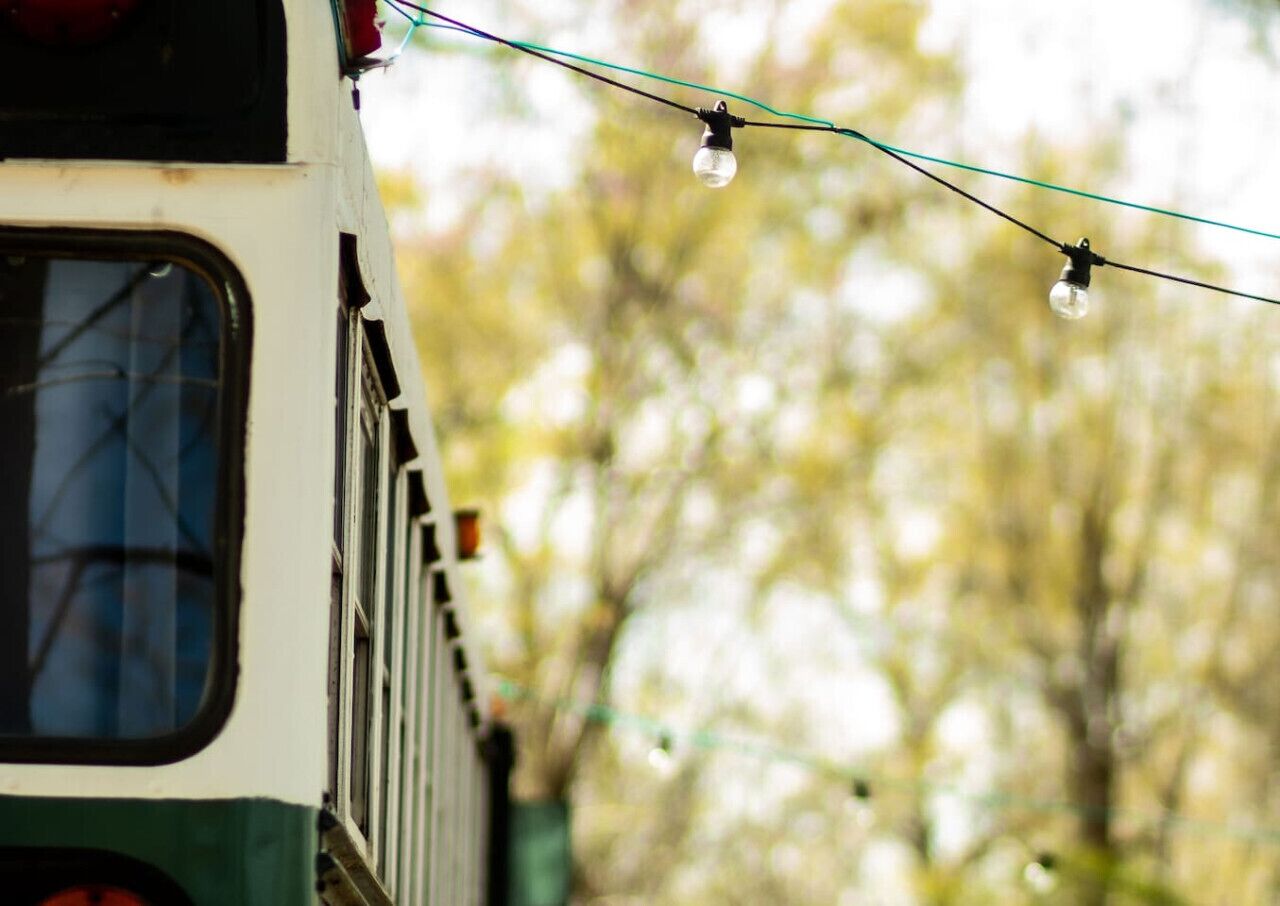 A bus with a green stripe and a window, passing by a blurred background of trees.