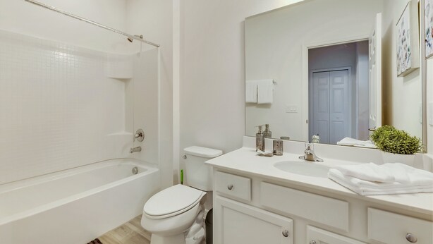 A modern bathroom with a bathtub, toilet, and vanity with a mirror. - 6004ogl 14 Bedroom 11 Bathrrom (Davenport)