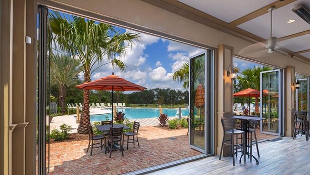 A spacious patio with a pool, outdoor seating, and a view of the pool area. - 430cd Magical 4 Bedroom 4.5 Bathroom Town Home (Davenport)