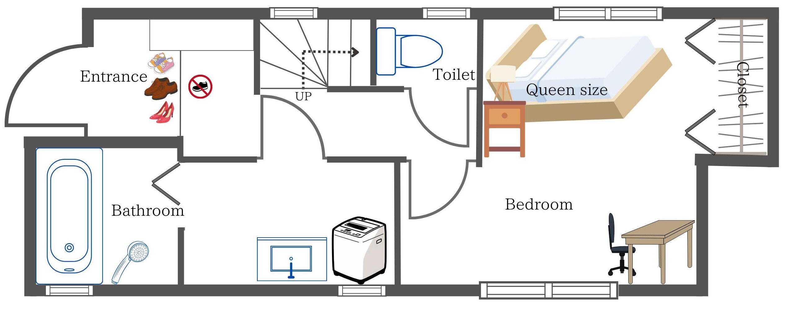 A hotel layout with an entrance, two bathrooms, a toilet, a queen size bedroom, and a closet.