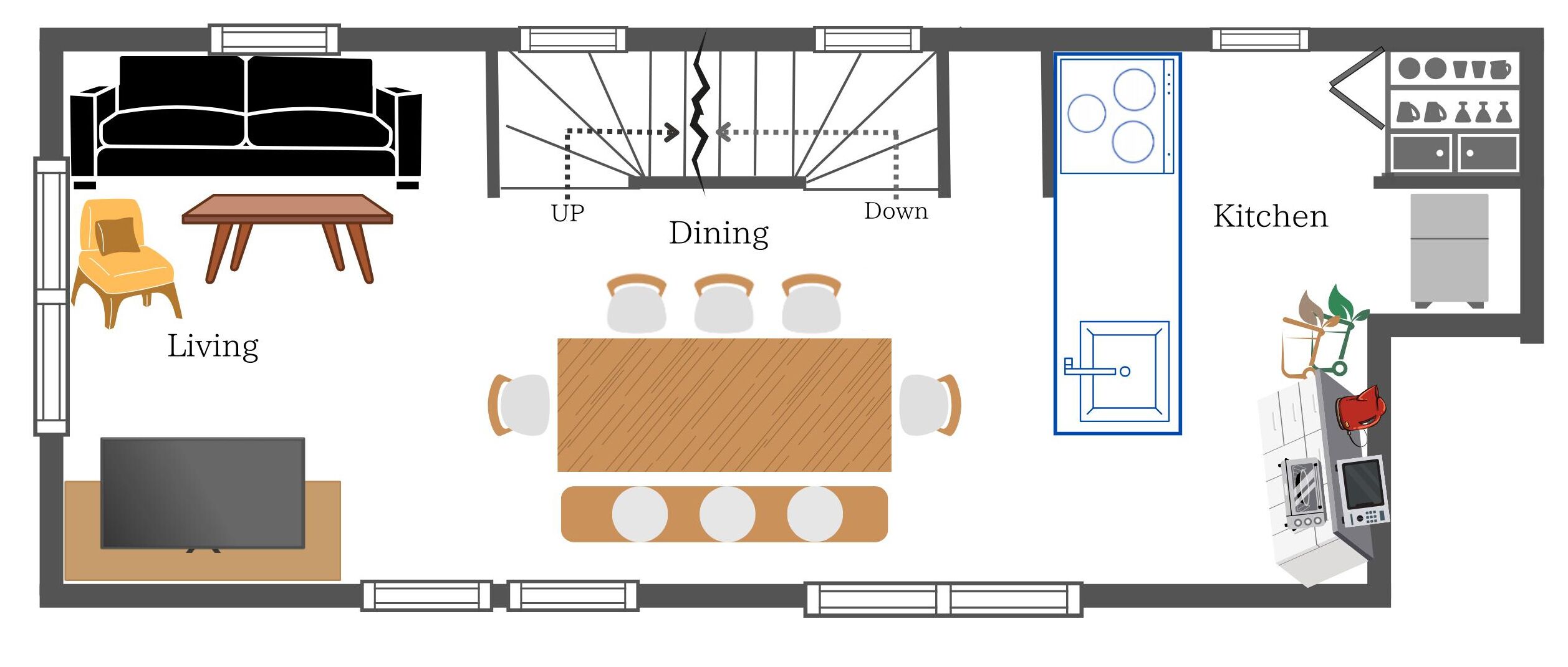 A floor plan of a hotel room with a living area, dining space, and kitchen.