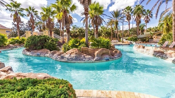Zona de piscina con palmeras, una isla rocosa y sillones de descanso.