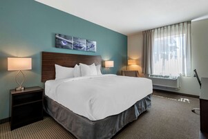 Habitación de hotel con una cama grande, dos mesitas de noche con lámparas, un cuadro en la pared, una ventana con cortinas translúcidas y un equipo de aire acondicionado.