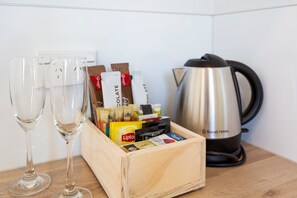 Fridge, microwave, electric kettle, toaster