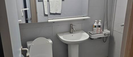 A bathroom with a toilet, sink, and shower.