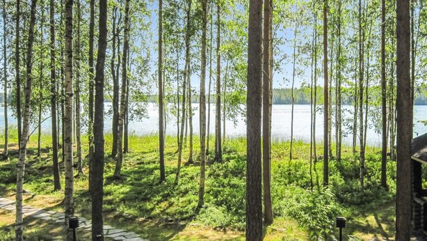 A forested area with a wooden deck leading to a lake. - Tavintupa by Interhome (Pertunmaa)