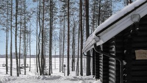 A log cabin with a snow-covered roof, surrounded by tall trees and a snowy landscape. - Tavintupa by Interhome (Pertunmaa)