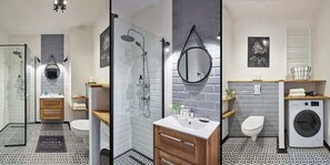 Shower, hair dryer, towels, shampoo