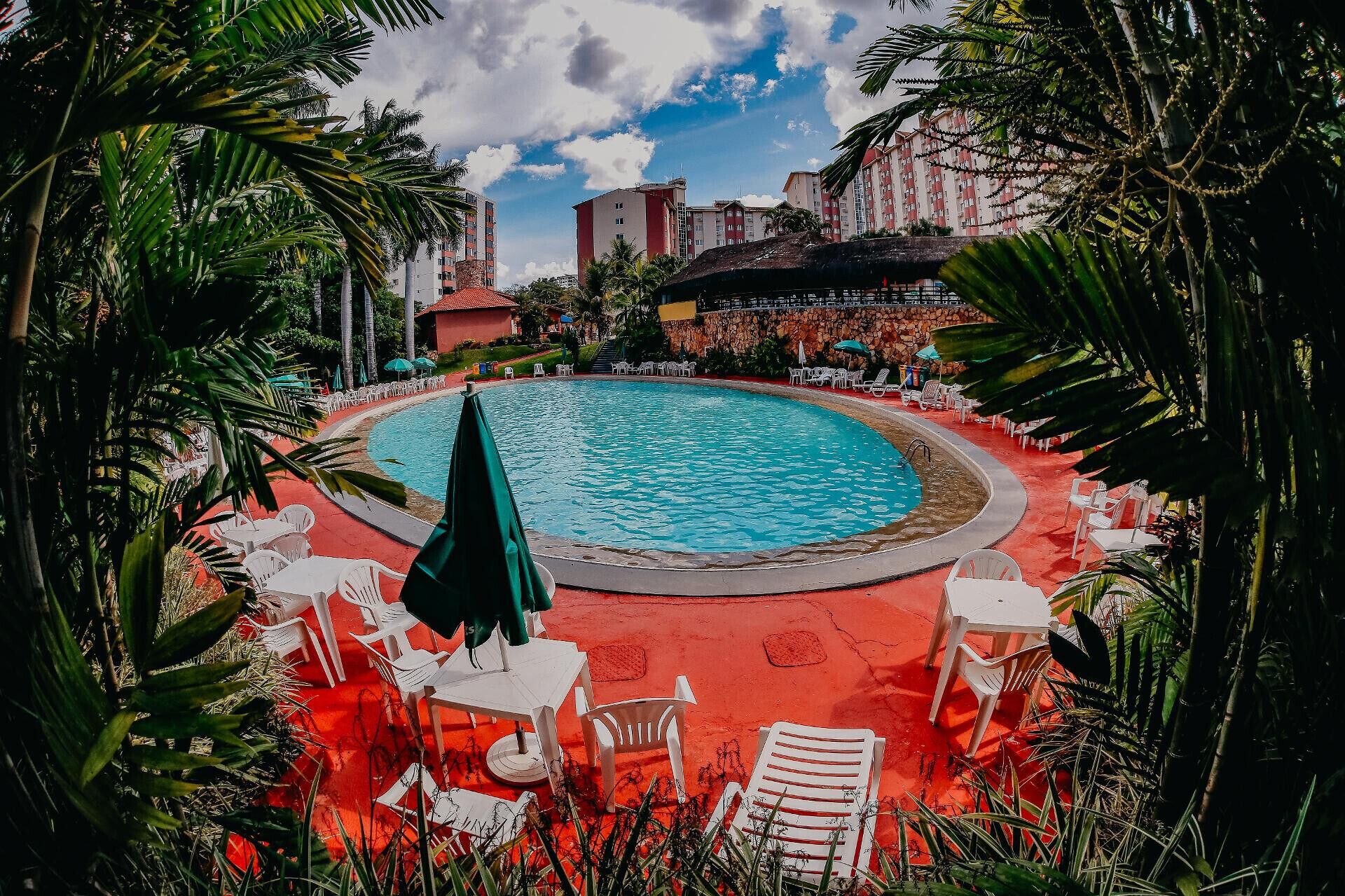 Uma piscina circular com espreguiçadeiras brancas e guarda-sóis, cercada por palmeiras e um piso vermelho.