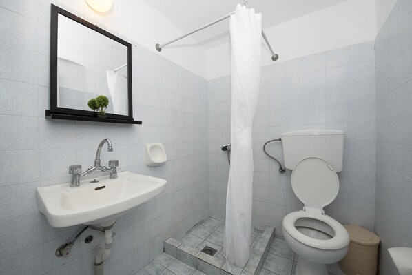 A modern bathroom with a sink, mirror, toilet, and shower curtain.