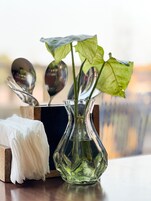 Un florero de vidrio transparente con agua y una planta sobre una mesa de madera.