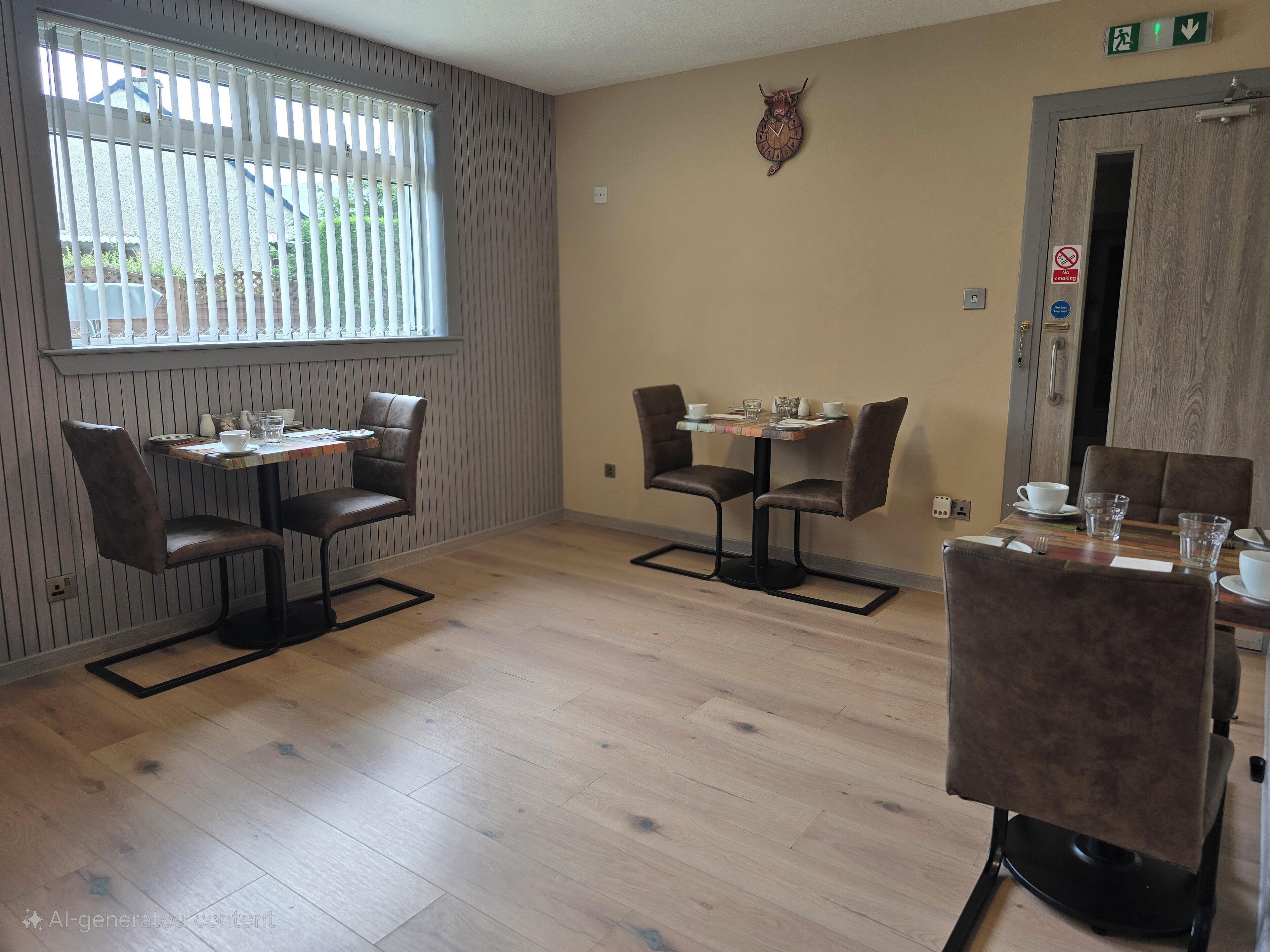 A dining area with two tables, each with four chairs. There is a window with blinds, a wall-mounted clock, and a door with a handle.