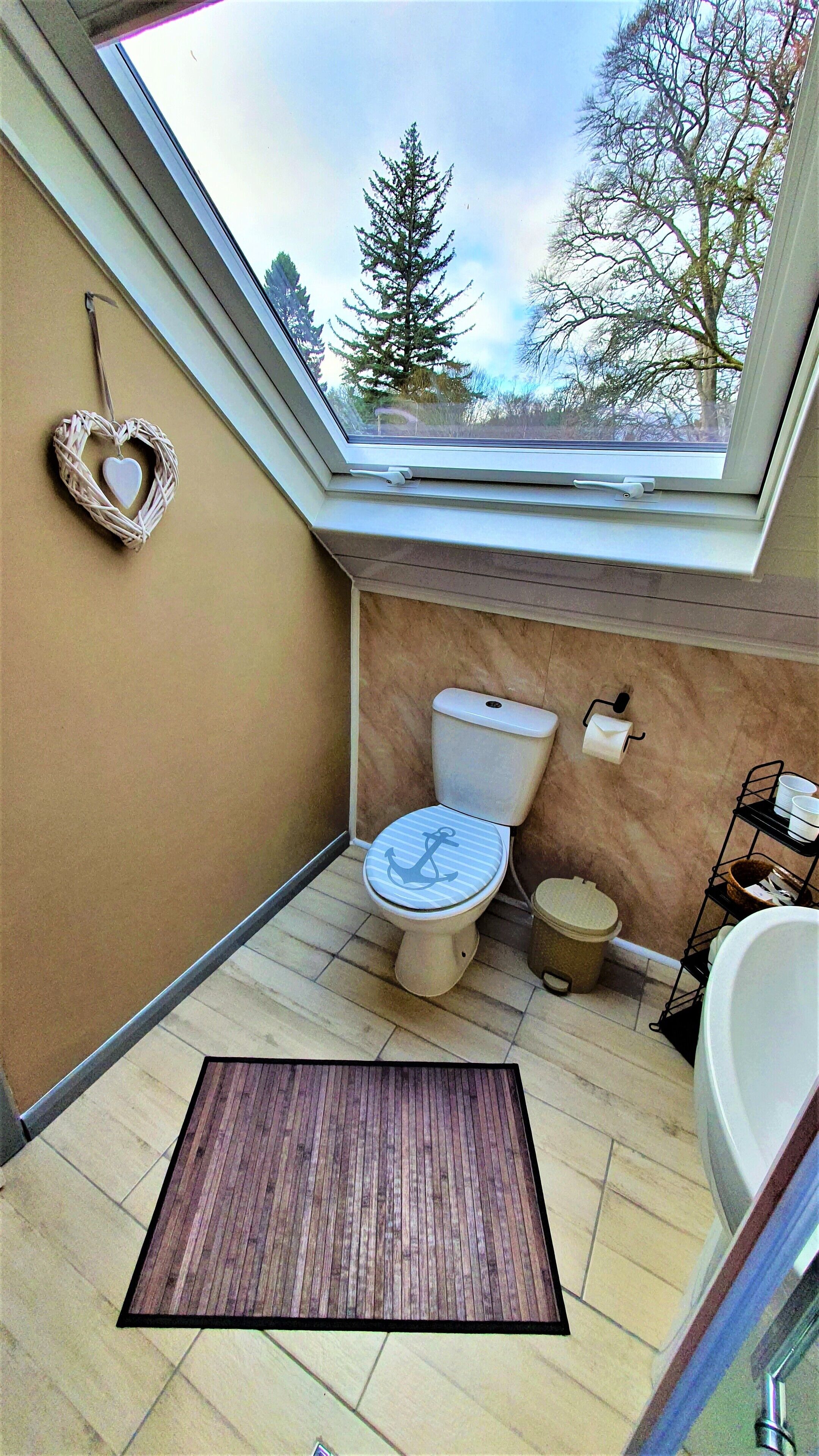 A bathroom with a skylight, a toilet with a striped seat, a small rug, and a bathtub.