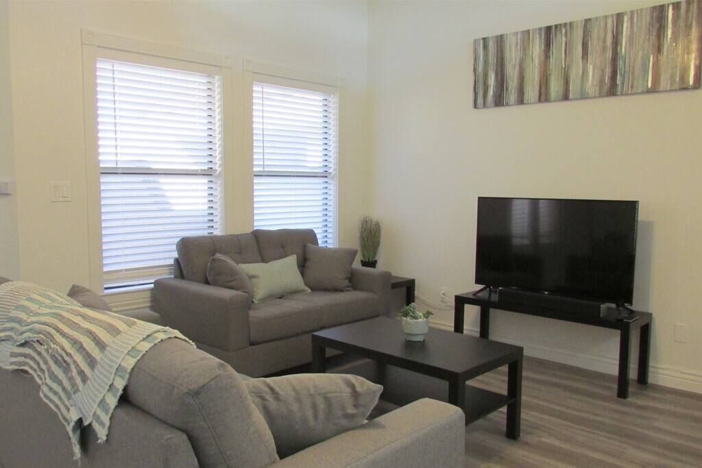 A living room with a sofa, a coffee table, and a TV.