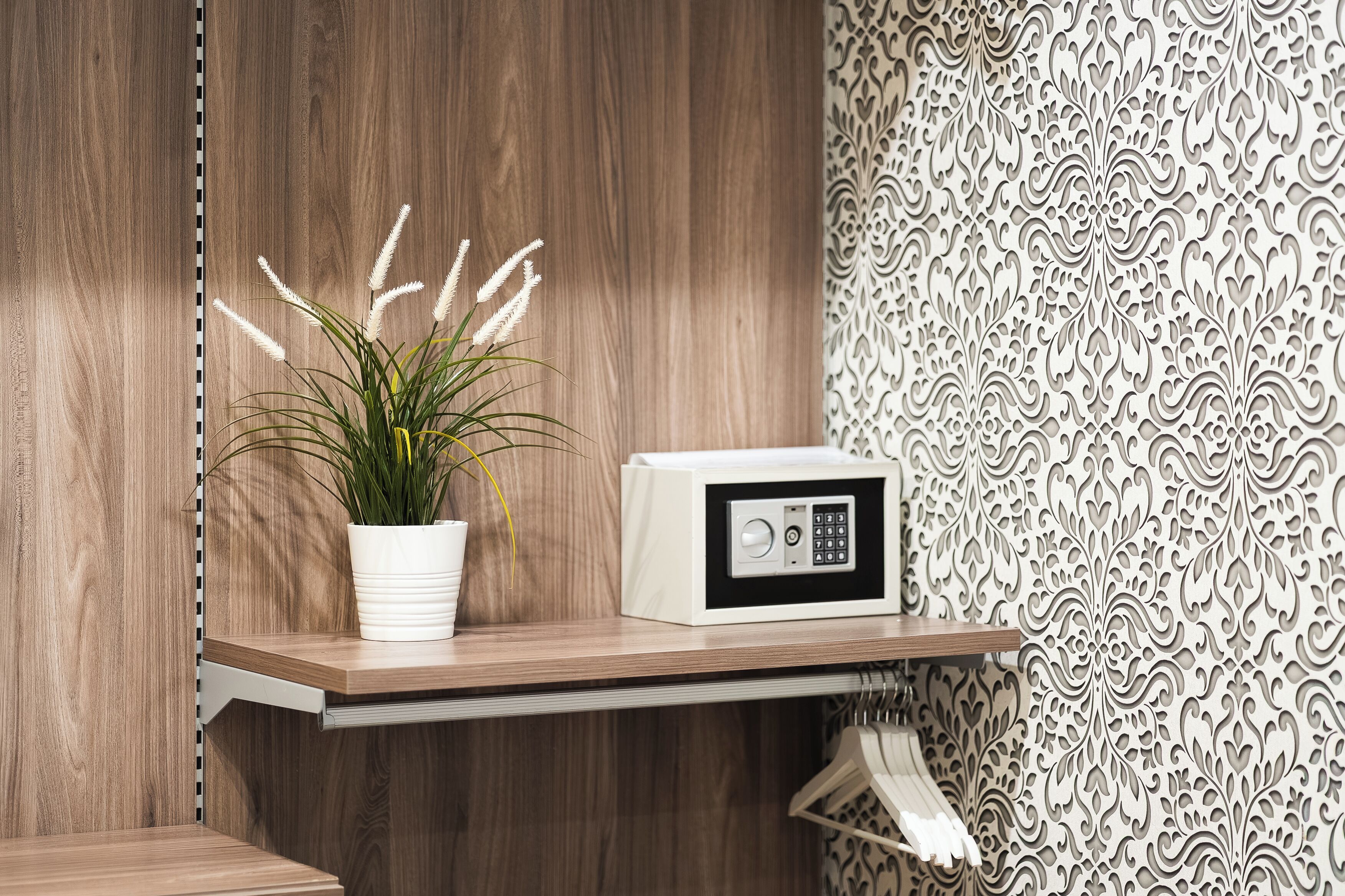 A wooden shelf with a potted plant and a white radio.