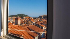 Vista de um horizonte urbano com edifícios de telhados vermelhos e uma colina ao fundo.