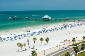 A beach with a pier, umbrellas, and palm trees.