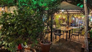 An outdoor patio area with stone flooring, potted plants, and tables and chairs under a canopy. - Complex Villa Brigantina (Nessebar)
