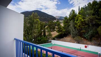A tennis court with a red and green surface, surrounded by trees and a mountain in the background.