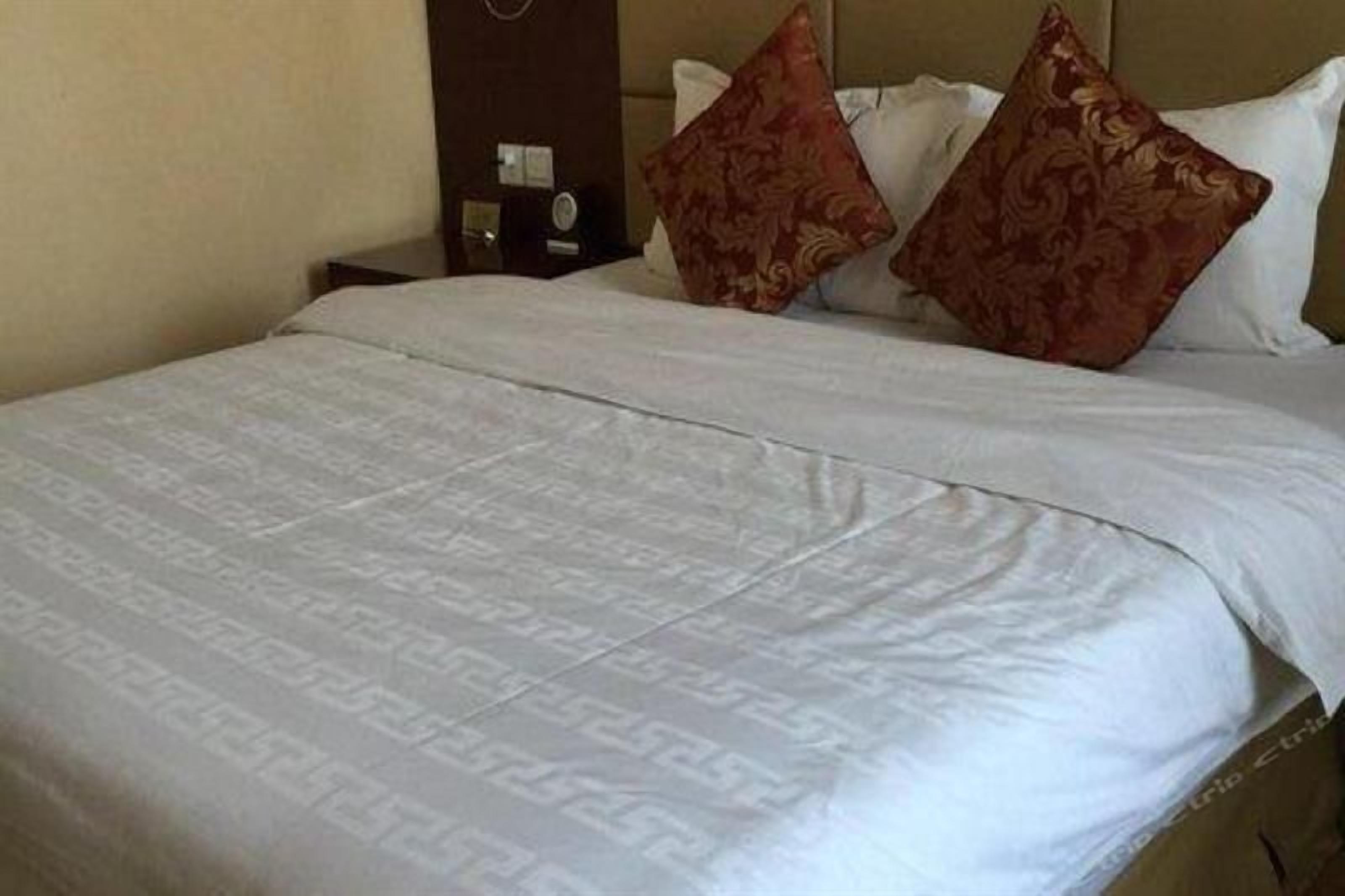 A hotel room with a large bed, two pillows, a nightstand, and a wall-mounted clock.