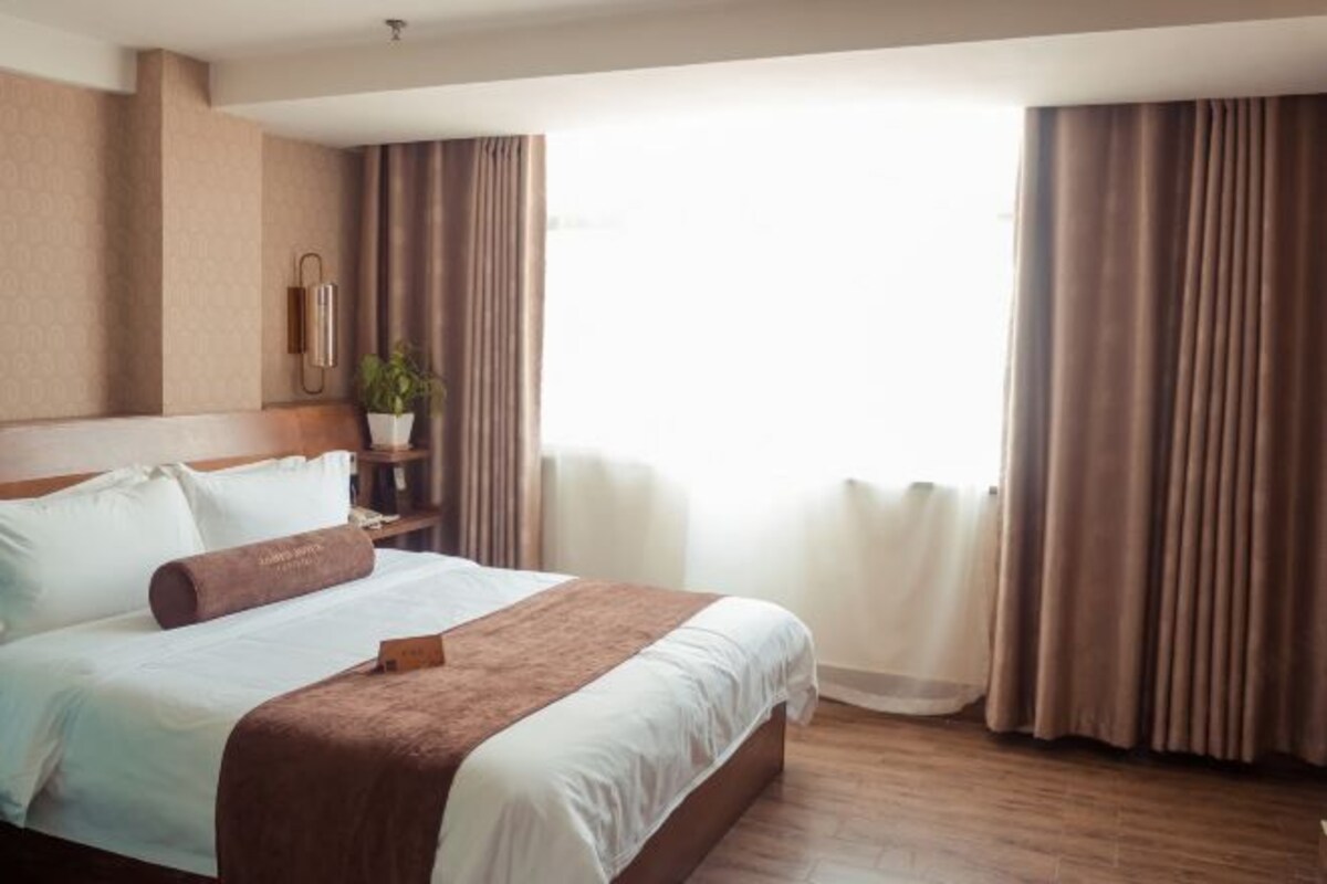 A hotel room with a large bed, a bedside table with a lamp, a potted plant, and a view of the outdoors through curtains.