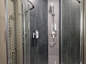 A modern shower with a handheld showerhead and a wall-mounted faucet. - ibis Aktobe (Aktobe)