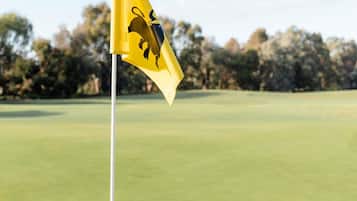 Eine Golf-Flagge an einem Fahnenmast, vor einem Hintergrund aus Grünfläche und Bäumen.