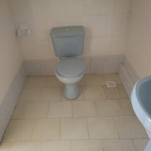 A standard bathroom with a toilet, a sink, and tiled flooring. - Heshima Lodge (Naivasha)