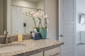 Combined shower/tub, hair dryer, towels
