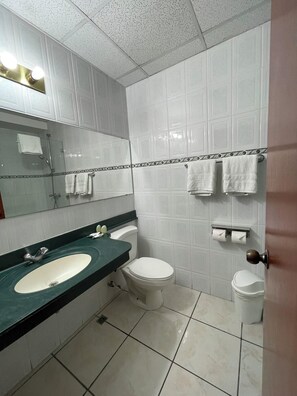 A bathroom with a white toilet, a sink, and a mirror. There are towels hanging on the wall and a shower area visible.