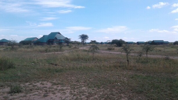 Entorno rural con un edificio grande de techo verde, rodeado de vegetación escasa y un sendero de tierra.