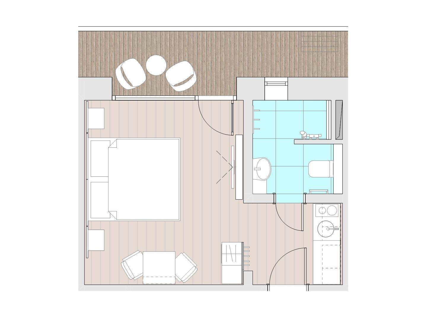 A floor plan of a hotel room with a bed, a desk, a chair, a small bathroom, and a pool area.