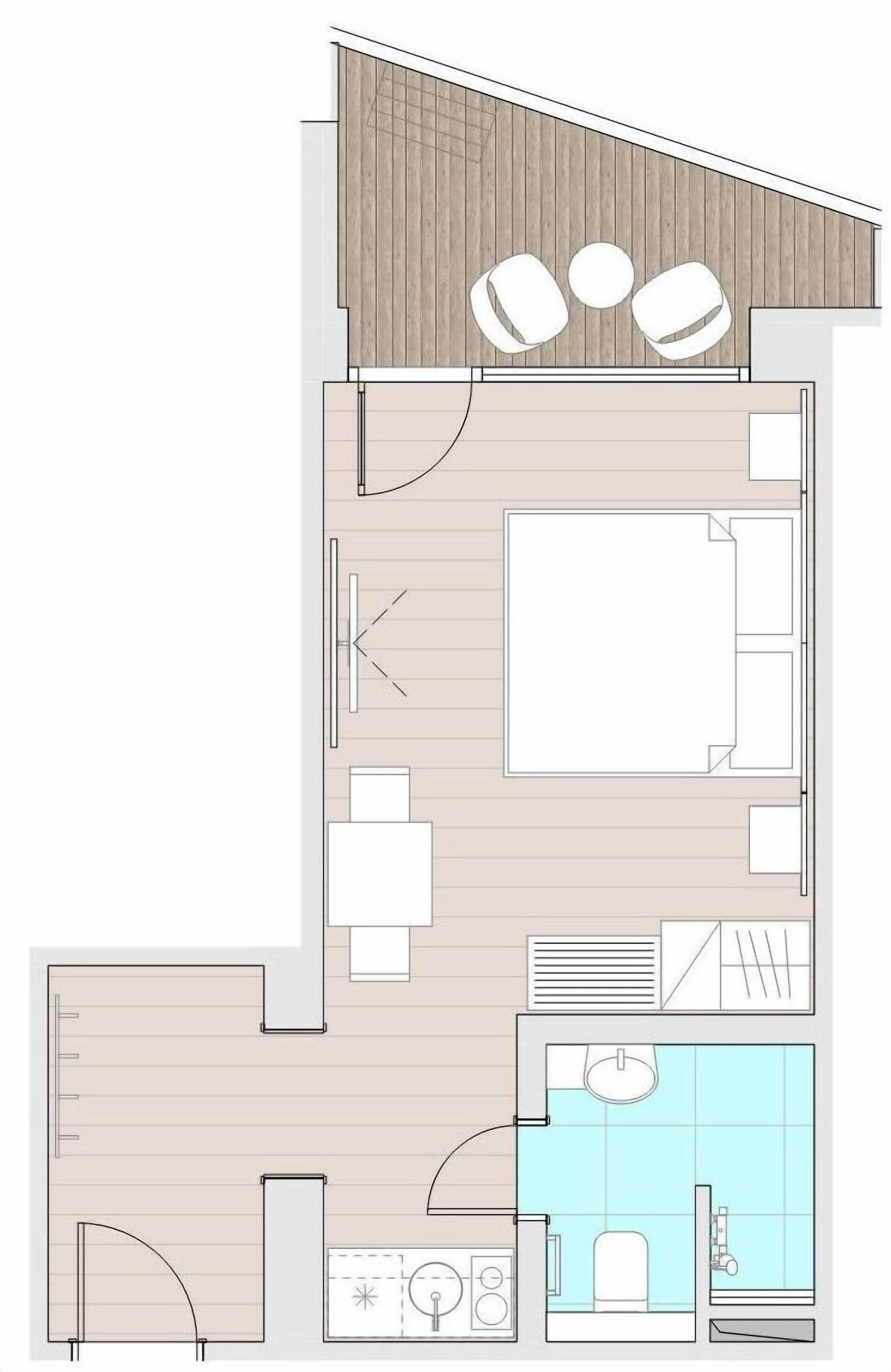A floor plan of a hotel room with a kitchen area, a bathroom, and a seating area with a view.