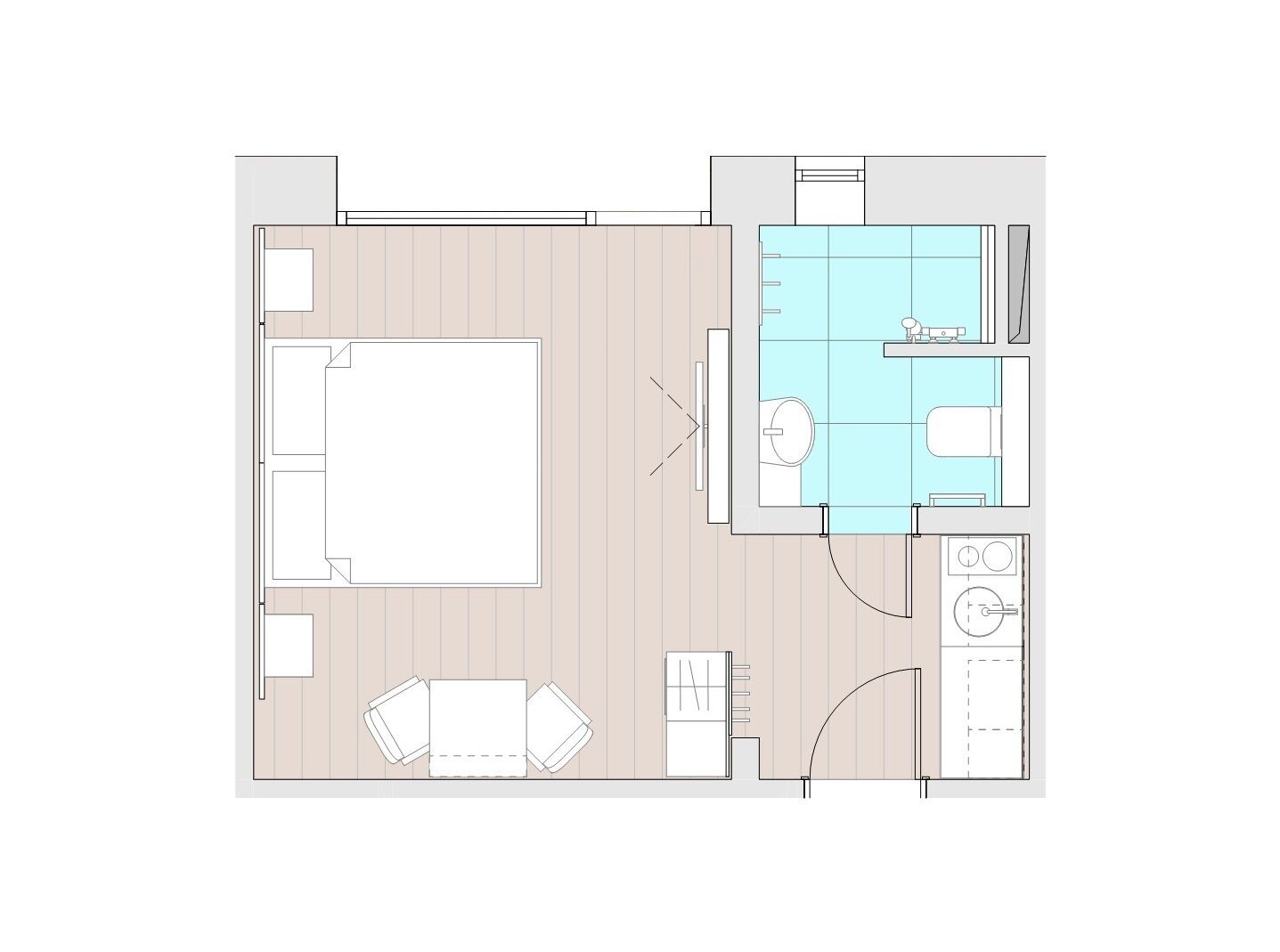 Plano de planta de una habitación de hotel con una cama grande, un escritorio pequeño, una silla, baño y una kitchenette.