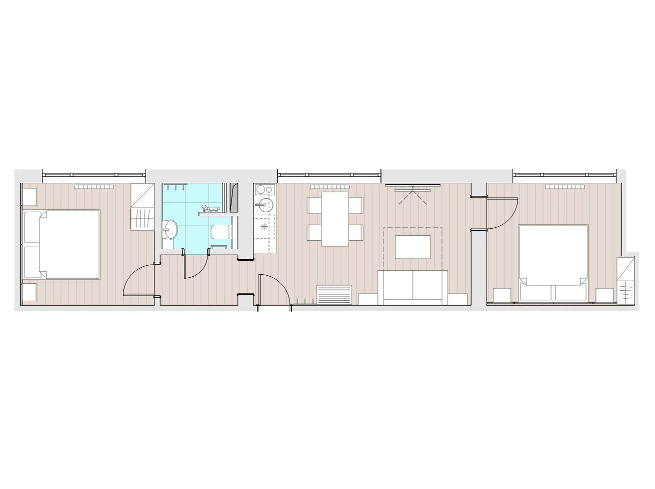 A floor plan of a hotel with three bedrooms, a bathroom, a kitchen, and a living area.