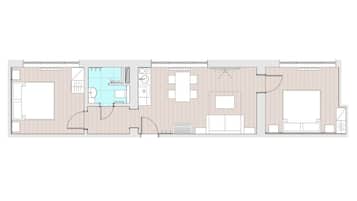 A floor plan of a hotel with three bedrooms, a bathroom, a kitchen, and a living area.