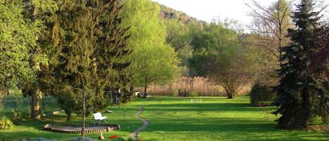 A well-maintained garden with a variety of trees, a winding path, and a small seating area.